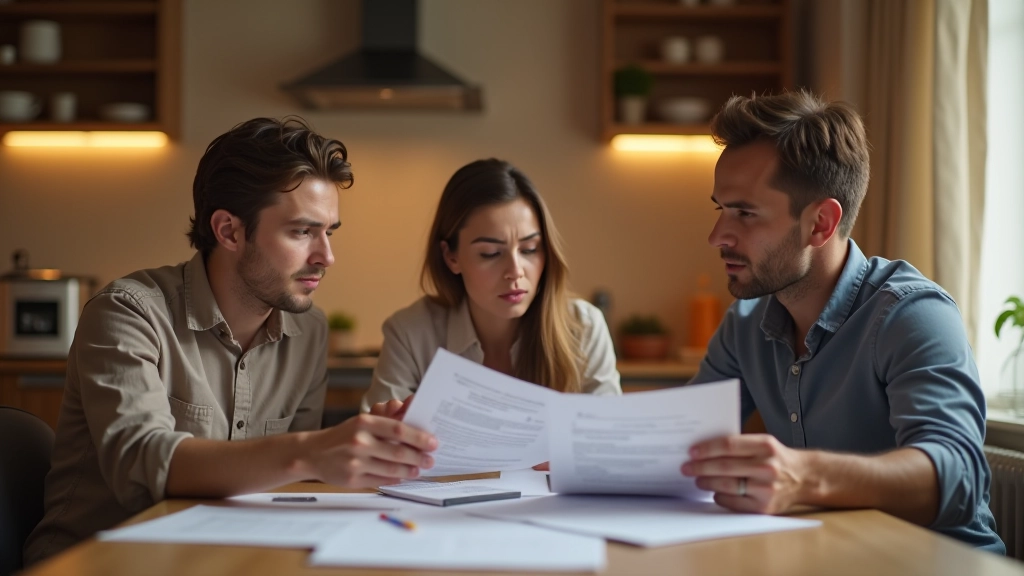 Famille regardant un budget et des factures à la table de cuisine, moment de préoccupation