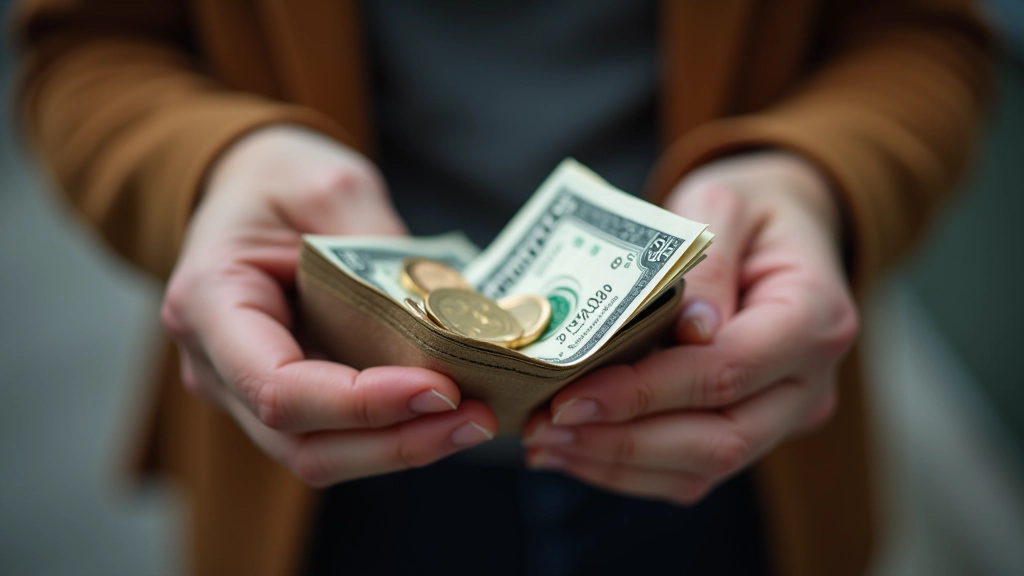 Mains d'une personne tenant un portefeuille avec des pièces de monnaie, symbolisant la gestion du pouvoir d'achat