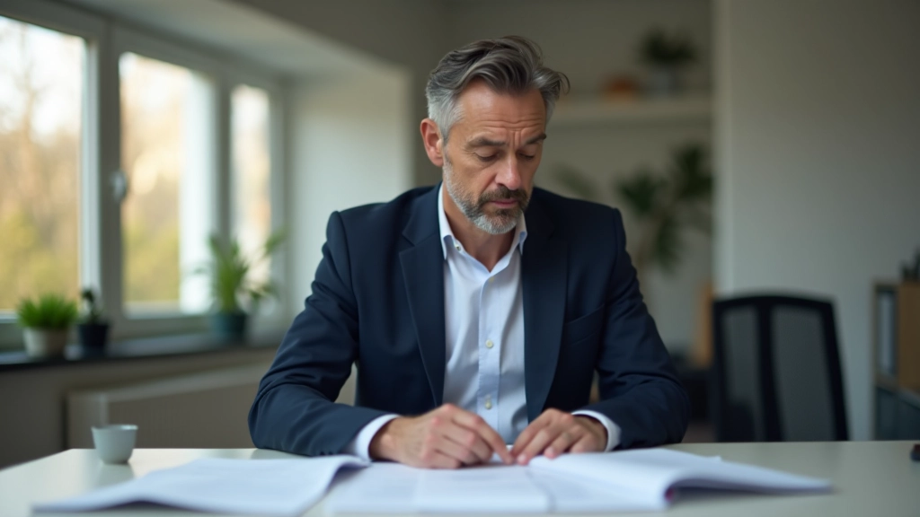 Professionnel en blazer examinant des documents financiers à son bureau, crayon en main