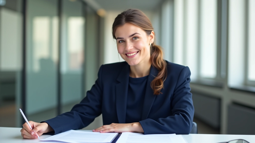 Femme en costume professionnel dans un bureau moderne, assise à un bureau avec documents et stylo