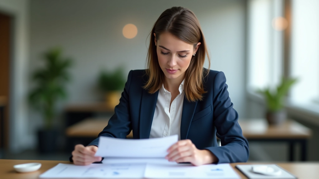 Femme consultant des documents financiers et graphiques de salaires à son bureau